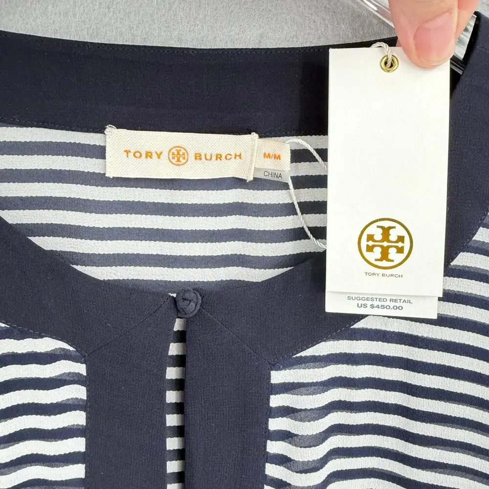Tory Burch NWT Clemente Navy White Stripe 100% Silk Sheer Long Caftan Coverup